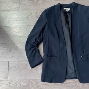 H&M Navy 3/4 Ruched Sleeve Blazer With Pocket Detail